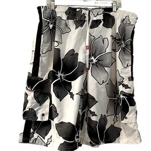 SURF MENTALITY BY LAGACI SPORT TROPICAL FLORAL PRINT SWIM TRUNKS WHI BLK SZ XXL